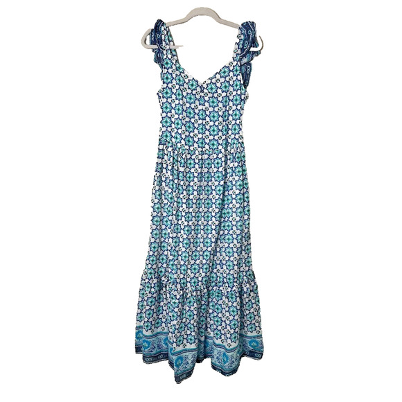 Lucky Brand Dresses & Skirts - Lucky Brand Maxi Dress Long Smocked Tiered White Turquoise Ruffle Boho Medium